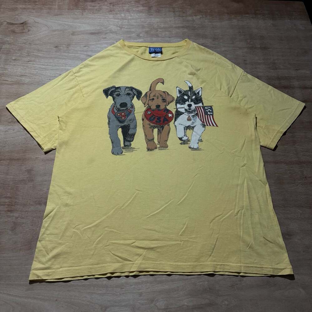 Vintage Jerry Leigh Pooh USA Patriotic Puppies Graphic T-Shirt Yellow Size XL